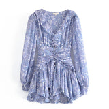 Gwmlk Summer £×omen Ruffle V Neck Long Sleeve Floral Print Boho Short Dress Ladies Vintage Fairy Robe Holiday Vestido