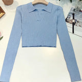 Gwmlk Knitted Polo Shirts Women V-Neck Long Sleeve Crop Top Spring Autumn Casual T-Shirt Sweater Tops Blue White Black