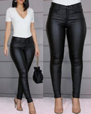 Gwmlk Leather Leggings Pants Girl Solid Small Feet Fashion Pants Stretch Trousers Slim Fit Autumn High Waist Casual Pants