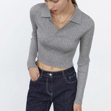 Gwmlk Knitted Polo Shirts Women V-Neck Long Sleeve Crop Top Spring Autumn Casual T-Shirt Sweater Tops Blue White Black
