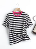 Gwmlk New 2024 Women Vintage Striped Cotton T Shirt O Neck Short Sleeve Ladies Casual Tees Summer Basic Tops