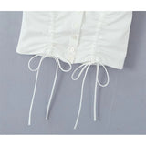 Gwmlk 2024 Women Vintage Puff Sleeve Square Collar White Shirt Drawstring Tie Bow Center Buttons Ladies Sexy Corset Crop Top