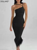 Gwmlk Shoulder Evening Dresses For Women 2024 Elegant Birthday Party Dress With Feather Backless Bodycon Midi Dress Black