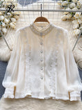 Gwmlk High Street Pearl Beading Blouse Women Crease Pleated Chic Top Fashion Ruffles Long Sleeves Floral Embroidery Shirt