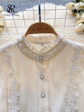 Gwmlk High Street Pearl Beading Blouse Women Crease Pleated Chic Top Fashion Ruffles Long Sleeves Floral Embroidery Shirt