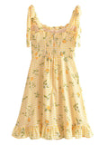 Gwmlk 2024 Women Plaid Lemon Print Yellow Sling Short Dress Vintage Ladies Summer A-line Chiffon Dress French Style Vestido