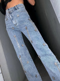 Gwmlk Women's Jeans High Waist Stars Diamonds Tassel Asymmetric Solid Color Straight Denim Pants 2024 Summer New Fashion 29L2980