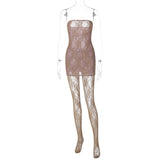 Gwmlk Transparent Lace Mini Dress With Pantyhose Stockings Strapless Bodycon Tube Dress Set Festival Night Club Outfits For Women