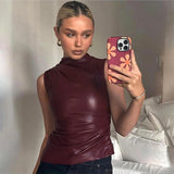 Gwmlk Leather Tank Top High Fashion Asymmetrical Ruched Sleeveless Blouse Winter Sexy T Shirt for Women Y2K Clothes