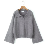 Gwmlk Lapel Collar Sweater Women Flare Sleeve Vintage Oversize Gray Autumn Pullovers Casual Jumpers