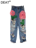Gwmlk Women's Jeans High Waist Straight Embroidered Flares Hollow Out 3d Pleated Lace Flowers Denim Pants 2024 Summer New Fashion