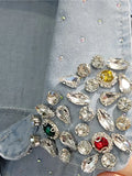 Gwmlk Women's denim Shirt Full Diamonds Loose Lapel Rhinestone Single Breasted Long Sleeve Blouse 2024 Summer New Fashion 29L2622