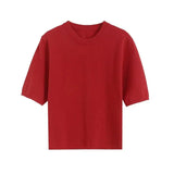 Gwmlk New 2024 Red Knit T Shirt Women O Neck Short Sleeve Spring Summer Tees Crop Top