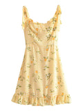 Gwmlk 2024 Women Plaid Lemon Print Yellow Sling Short Dress Vintage Ladies Summer A-line Chiffon Dress French Style Vestido