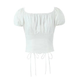 Gwmlk 2024 Women Vintage Puff Sleeve Square Collar White Shirt Drawstring Tie Bow Center Buttons Ladies Sexy Corset Crop Top