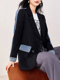 Gwmlk Women's Blazer Notched Collar Patchwork Denim Double Breasted Panelled Elegant Suit Jackets 2024 Summer New Fashion 29L3200