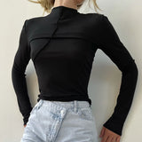 Gwmlk New In Long Sleeve T-shirts For Women Fashion Patchwork Plain Tee Shirts Slim Fit T shirt Women Top