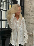 Gwmlk Women's Y2K Sequin Button Down Shirt Blouses Long Sleeeve Sparkle Glitter Top Jacket Party Clubwear Streetwear