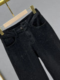 Gwmlk Women's Denim Pants Diamond Rhinestone Loose Straight Full Length Washed Do Old Stretch Trousers 2024 Summer New Fashion