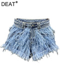 Gwmlk Women's Denim Shorts Blue Feathers Crystal Long Tassel High Waist Wide Leg Short Pants 2024 Summer New Fashion 29L1573