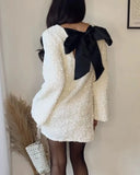 Gwmlk Winter Women Contrast Color Bow Sequin Dress O Neck Long Sleeve Female Christmas Party Mini Dresses