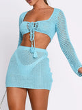 Gwmlk Women Sexy Crochet Knit 2 Piece Outfit Hollow Out Swimwear Bikini Cover Ups See Through Mini Bodycon Beach Sarongs Dress