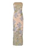 Gwmlk Satin Tube Top Dress for Women Strapless High Split Tassels Long Dress Floral Print Ruffles Slit Backless Cocktail Dress