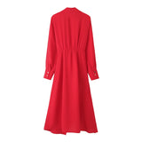 Gwmlk New 2024 Women Red Lacing Up Wrap Red Shirt Dress Long Sleeve Lapel Collar Female Spring Dress Midi Vestidos