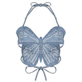 Gwmlk Butterfly Jeans Crop Top Backless Strap Sexy Blue Cute Party Sweats Women Beach Holiday Mini Vest Summer Tee Korean Fashion