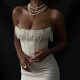 Gwmlk Tassels Corset Top White Strapless Satin Crop Top Vintage Bandage Backless Party Tops For Women Elegant