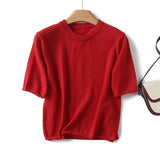Gwmlk New 2024 Red Knit T Shirt Women O Neck Short Sleeve Spring Summer Tees Crop Top