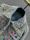 Gwmlk Women's Denim Coat Full Pearls Colored Beaded Crystal Long Sleeve Cool Burrs Female Jackets 2024 Summer New Fashion 29L4067