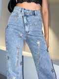 Gwmlk Women's Jeans High Waist Stars Diamonds Tassel Asymmetric Solid Color Straight Denim Pants 2024 Summer New Fashion 29L2980