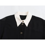 Gwmlk Autumn Women Patchwork Black Mini Shirt Dress Lapel Collar Elegant Ladies Office Dresses