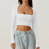 Gwmlk Neck Long Sleeve Cropped T-shirt For Women Tight Basic Plain T-shirts Women Summer 2024 New In Cute Crop Tops And Tees