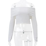Gwmlk Shoulder White Sweater Women Ribbed Knitted Long Sleeve Crop Top Fashion Slash Neck Pullover Sweater Jumper
