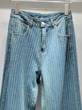 Gwmlk Women's Jeans High Waist Vertical Striped Hot Fix Rhinestone Diamond Loose Straight Denim Pants 2024 Summer New Fashion