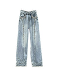 Gwmlk Women's Jeans Diamond Spliced High Waist Long Loose Straight Wide Leg Burrs Denim Pants 2024 Summer New Fashion 29L2711