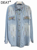 Gwmlk Women's Denim Shirt Loose Double Pockets Colorful Crystal Beading Single Breasted Blouse 2024 Summer New Fashion 29L1839