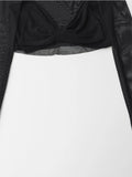Gwmlk Spring 2024 Women Sexy Semi-sheer Patchwork Mesh T Shirt Long Sleeve O Neck Black Tee Summer Crop Top