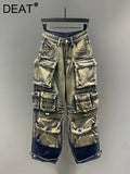 Gwmlk Women's Jeans High Waist Retro Gradient Blue Multiple Pockets Straight Wide Leg Denim Pants 2024 Summer New Fashion 29L3125