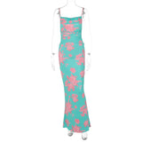 Gwmlk Strap Floral Long Dresses For Women Elegant Mermaid Party Dress Criss Cross Bandage Backless Bodycon Maxi Dress
