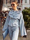 Gwmlk Denim Women Outerwear One Shoulder Long Flare Sleeves Button Raw Hem Female Coat Streetwear Chic Ladies Jacket 2024 New