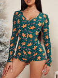 Gwmlk Women Christmas Jumpsuit Long Sleeve V Neck Button Closure Plaid Slim Fit Bodysuit Loungewear Casual Sleepwear
