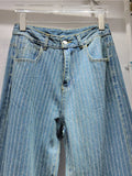 Gwmlk Women's Jeans High Waist Vertical Striped Hot Fix Rhinestone Diamond Loose Straight Denim Pants 2024 Summer New Fashion