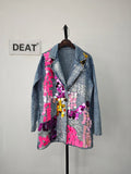 Gwmlk Women's Denim Suit Coat Pink Sequins Crystal Single Breasted Asymmetric Hand-Painted Blazer 2024 Summer New Fashion 29L7127
