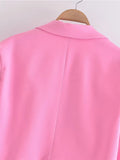 Gwmlk 2024 Women Single Button Pink Crop Blazer Vintage Long Sleeve Lapel Collar Elegant Ladies Office Suit Coat