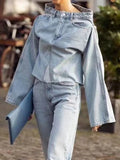 Gwmlk Women's Denim Loose Coat Long Flare Sleeve Burr Irregular Patchwork Solid Color Jackets 2024 Summer American Retro 29L1211