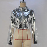 Gwmlk Silver Cropped Jacket Women Zip Up Bomber Jacket Round Neck Long Sleeve Sweatshirt Spring Autumn Coat Outerwear