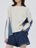 Gwmlk Women's Pullover O-neck Knitting Loose Irregular Patchwork Denim Long Sleeve Beige Coat 2024 Summer New Fashion 29L3050